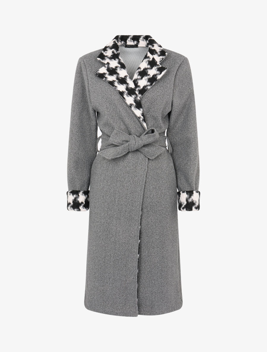 Veste longue à revers imprimé pied de poule - Gris chiné - 1