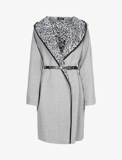 Manteau à capuche et ceinture simili - Gris - 1