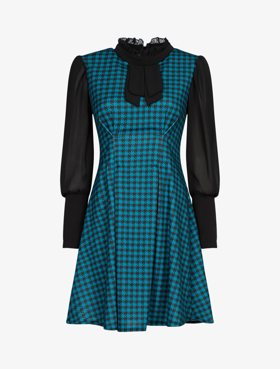 Robe imprimé pied de poule à col lavallière - Bleu - 1