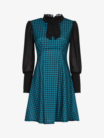 Robe imprimé pied de poule à col lavallière - Bleu - 1