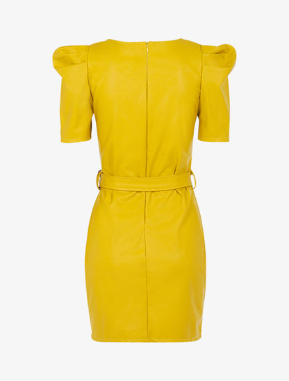 Robe en simili à manches gigot - Jaune - 2