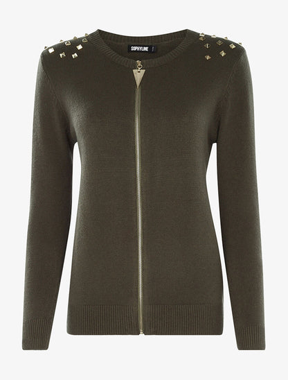 Gilet zippé à épaules cloutées - Gris clair chiné/doré - 1