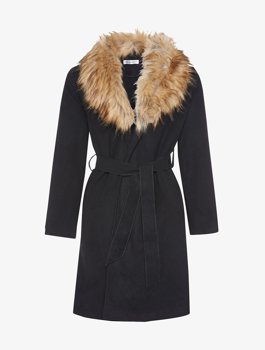 Manteau ceinturé col fourrure - Noir - 1