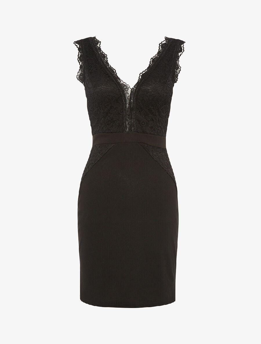 Robe encolure V dentelle - noir - 1
