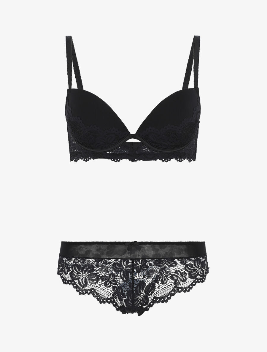 Ensemble push up en dentelle fleurie - Noir - 1