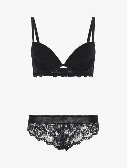 Ensemble push up en dentelle fleurie - Noir - 1