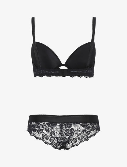 Ensemble push up en dentelle fleurie - Noir - 2