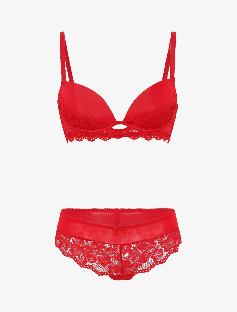 Ensemble push up en dentelle fleurie - Rouge - 2