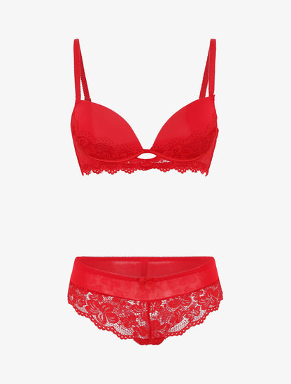 Ensemble push up en dentelle fleurie - Rouge - 2