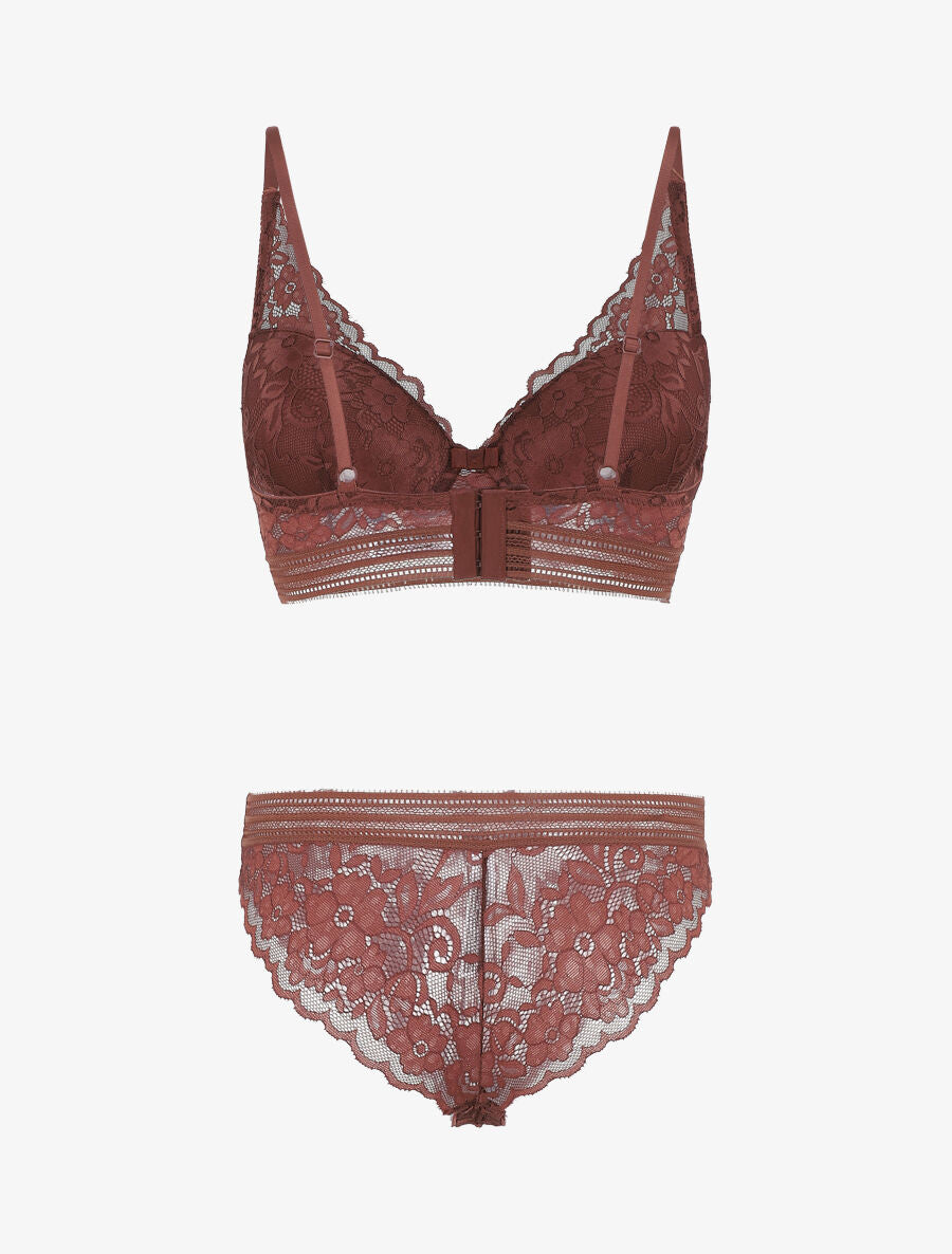 Ensemble emboitant en dentelle motif floral - Marron - 3