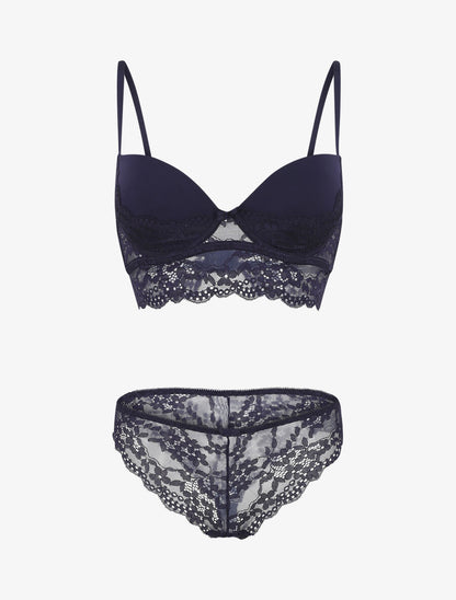 Ensemble lingerie à dentelle fleurie - Marine - 2