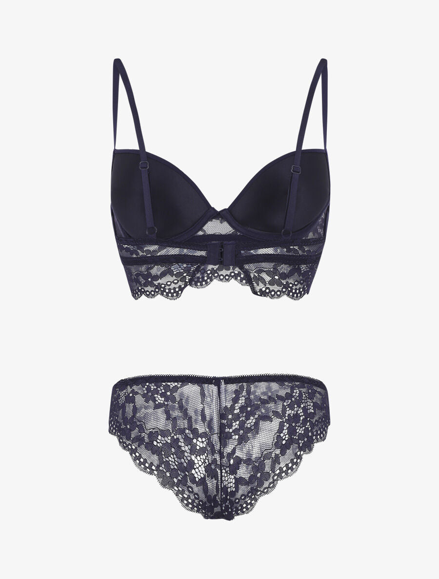 Ensemble lingerie à dentelle fleurie - Marine - 3