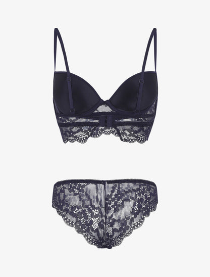 Ensemble lingerie à dentelle fleurie - Marine - 3