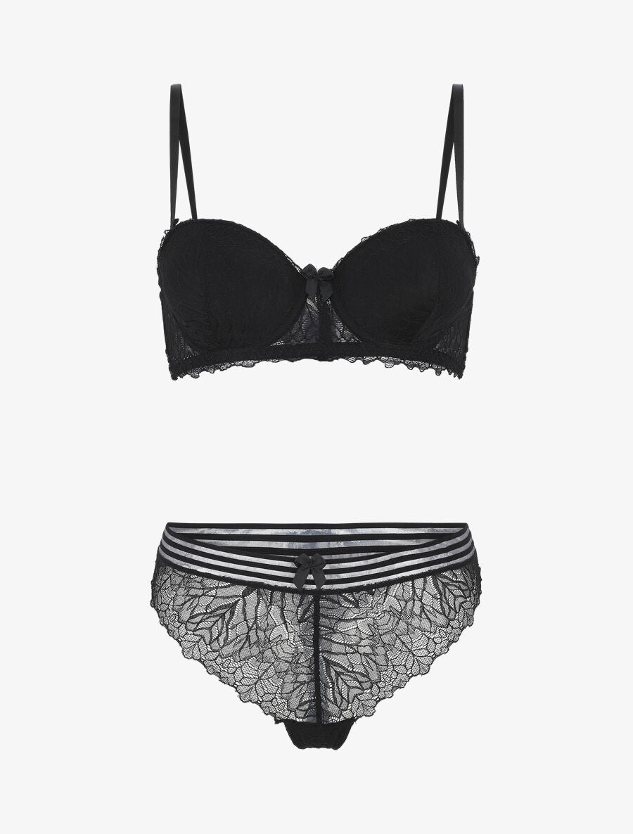 Ensemble push up et tanga en dentelle - Noir - 1