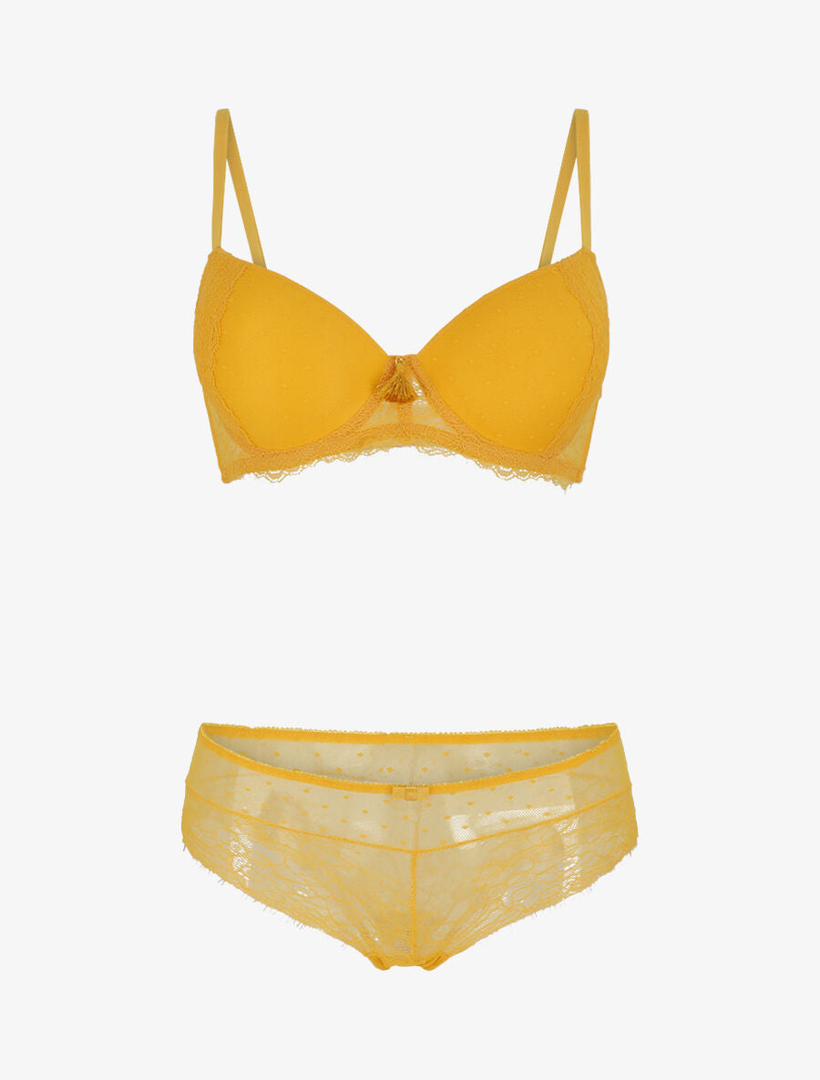 Ensemble push up à pois en dentelle - Jaune moutarde - 4
