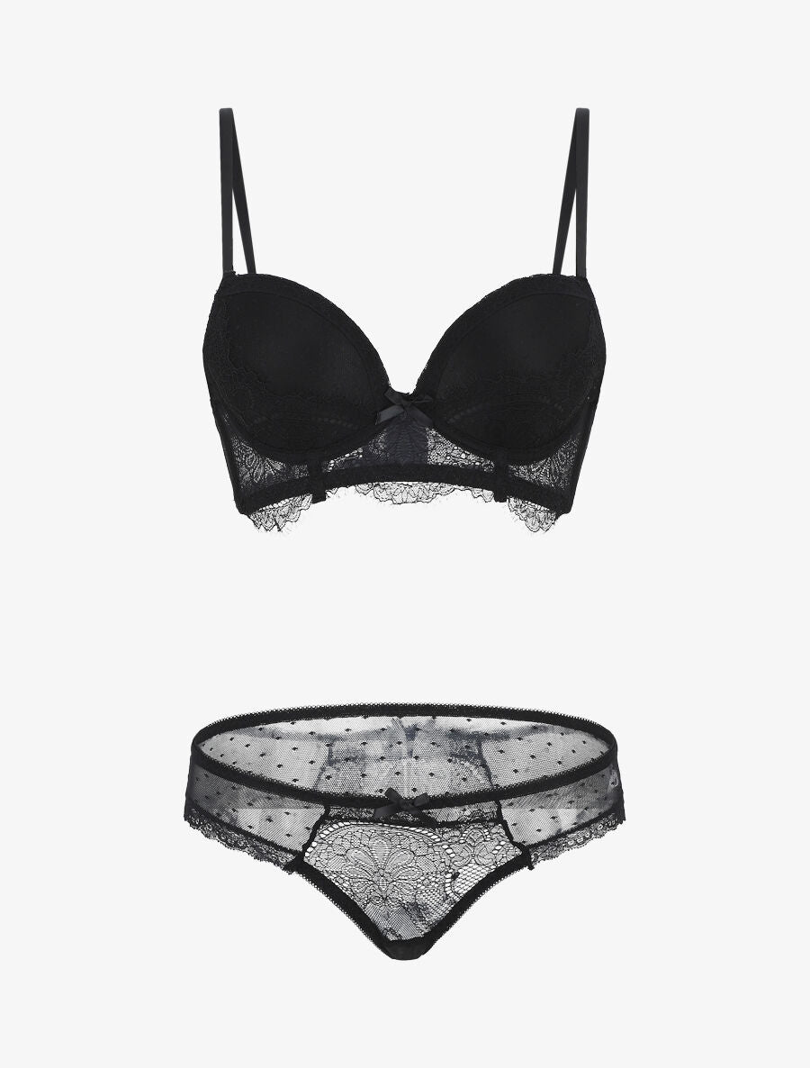 Ensemble push up bande en dentelle et noeud - Noir - 1