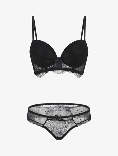Ensemble push up bande en dentelle et noeud - Noir - 1