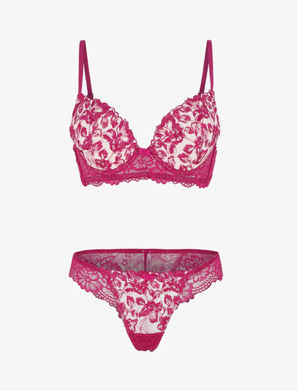 Ensemble push up bande en dentelle à motif fleurs - Fushia - 5