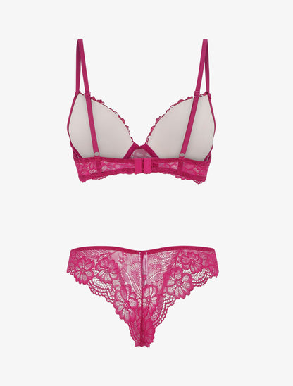 Ensemble push up bande en dentelle à motif fleurs - Fushia - 3