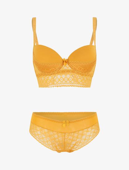 Ensemble push up à large bande en dentelle - Jaune moutarde - 2