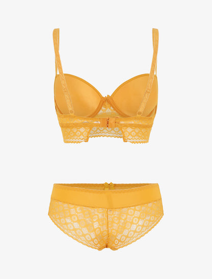 Ensemble push up à large bande en dentelle - Jaune moutarde - 3
