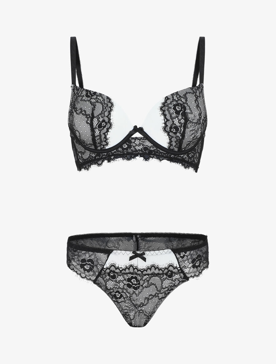 Ensemble soutien-gorge push up et culotte en dentelle - Noir/blanc - 1