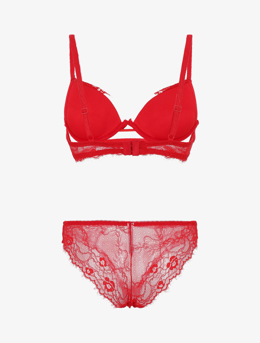 Ensemble soutien-gorge push up et culotte en dentelle - Rouge/blanc - 2