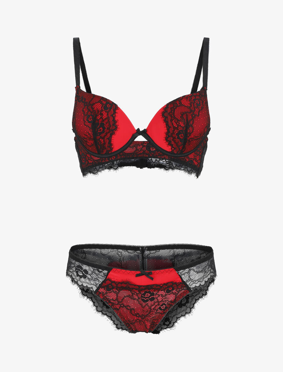 Ensemble soutien-gorge push up et culotte en dentelle - Noir/rouge - 5