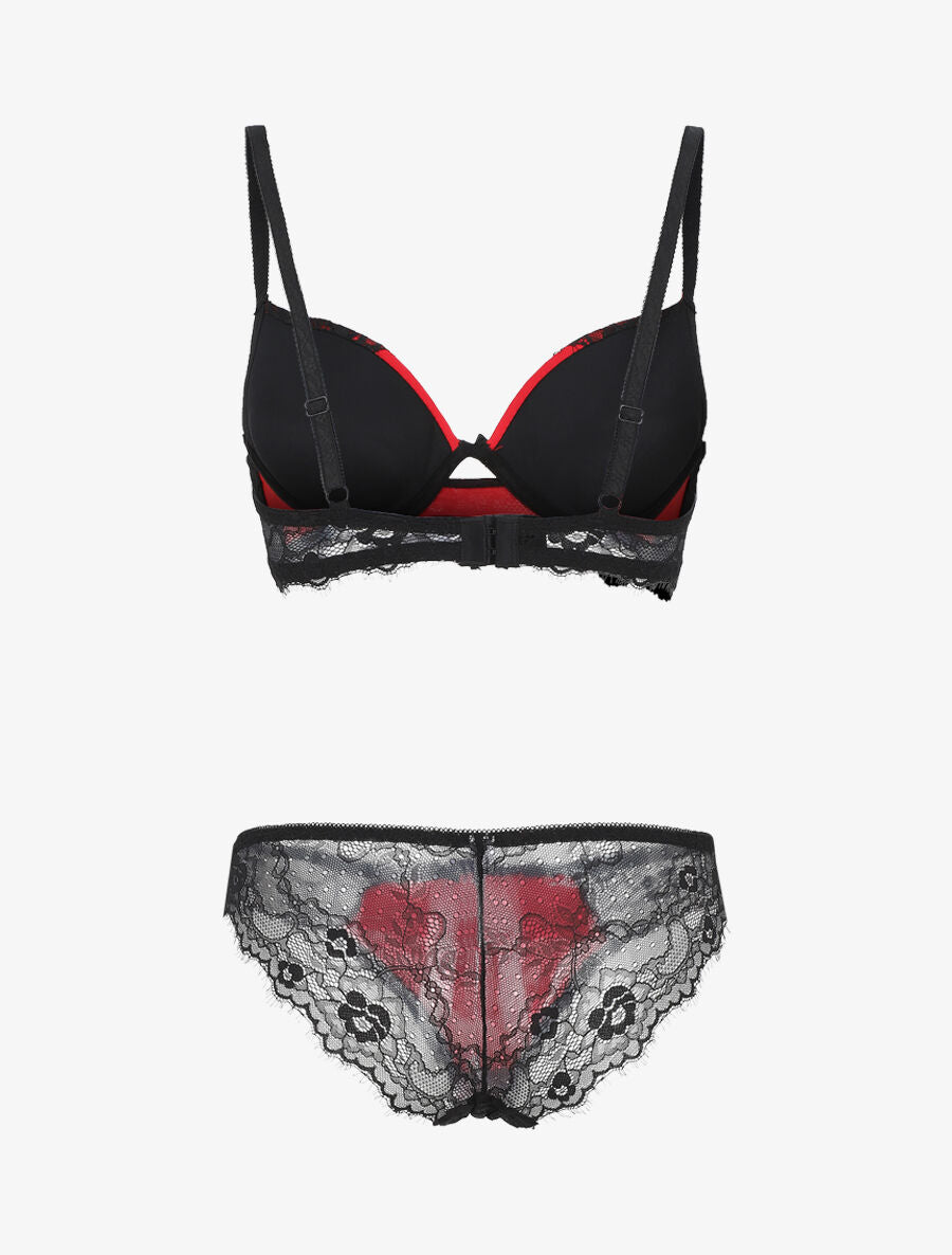 Ensemble soutien-gorge push up et culotte en dentelle - Noir/rouge - 3
