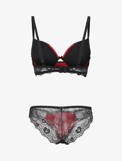 Ensemble soutien-gorge push up et culotte en dentelle - Noir/rouge - 3