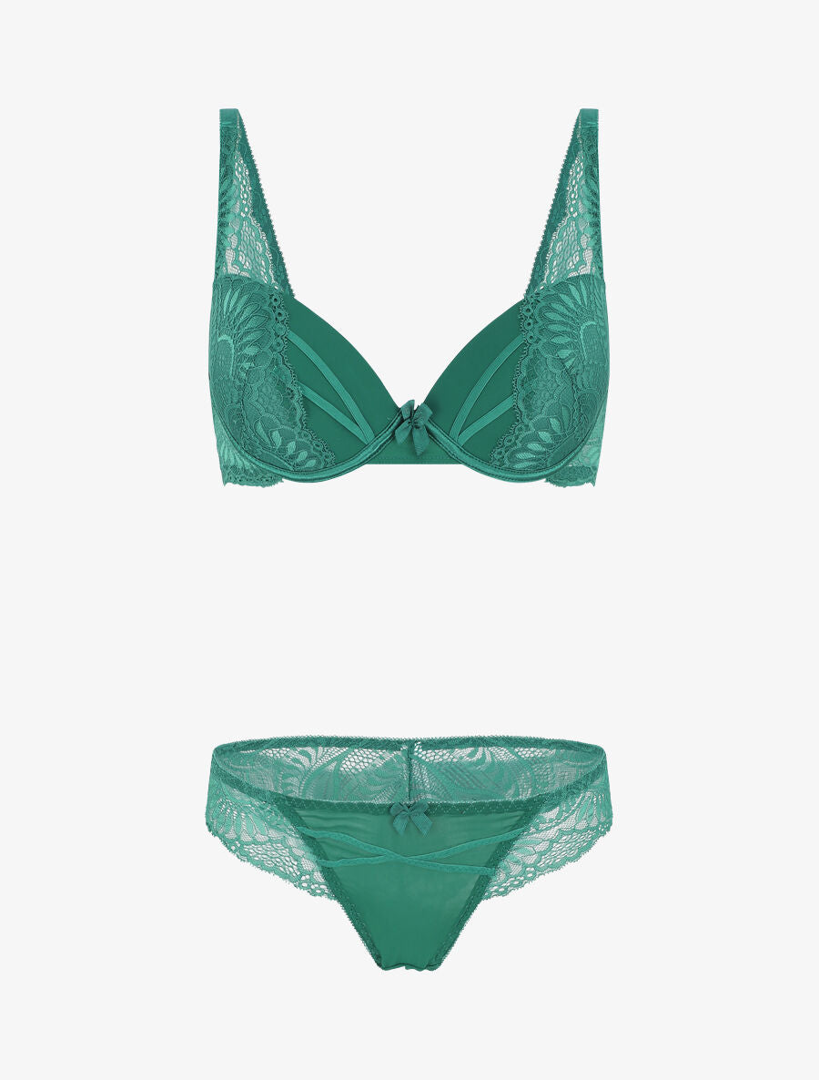 Ensemble push up et culotte ajourée en dentelle - Vert - 5