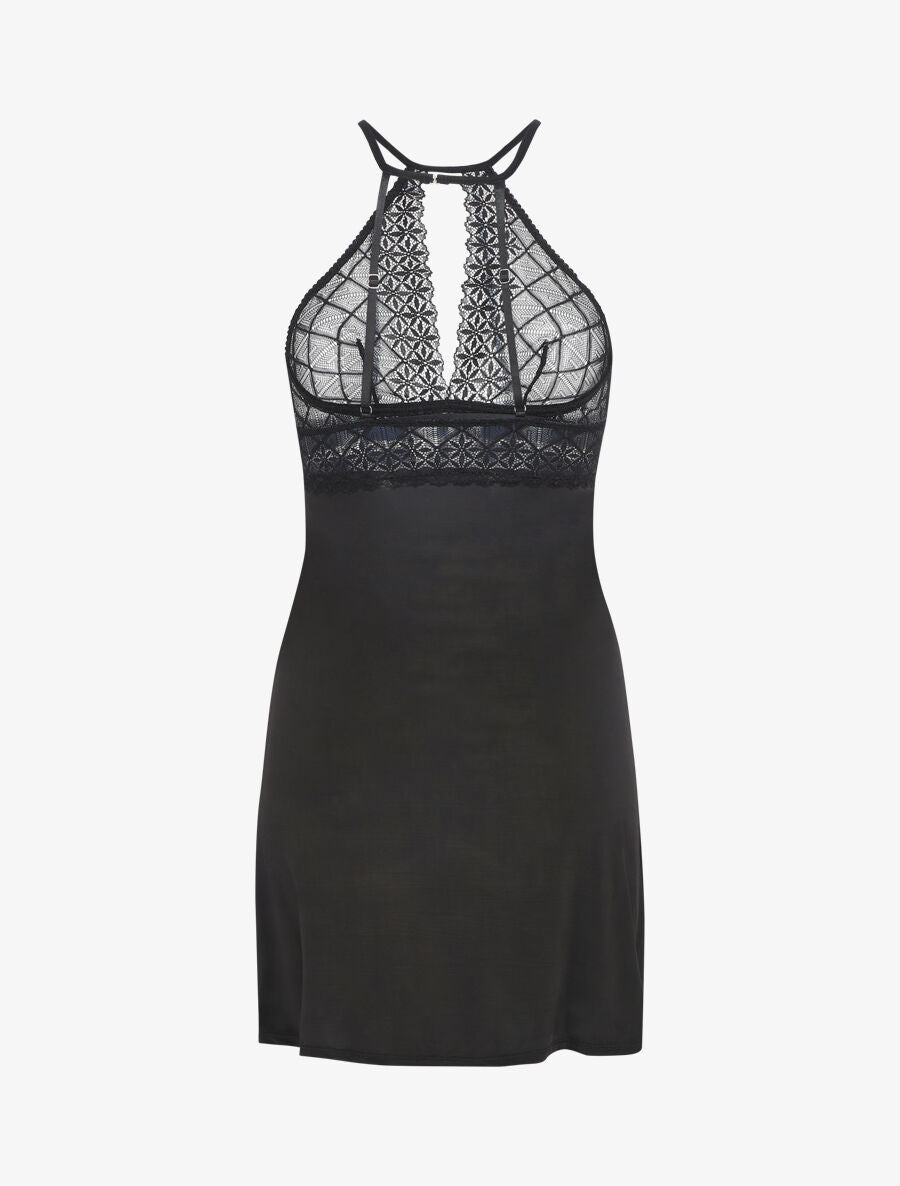 Robe nuisette à dos nu et haut en dentelle ajouré - Noir - 2