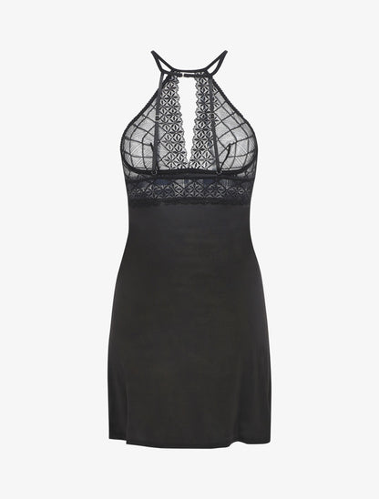 Robe nuisette à dos nu et haut en dentelle ajouré - Noir - 2