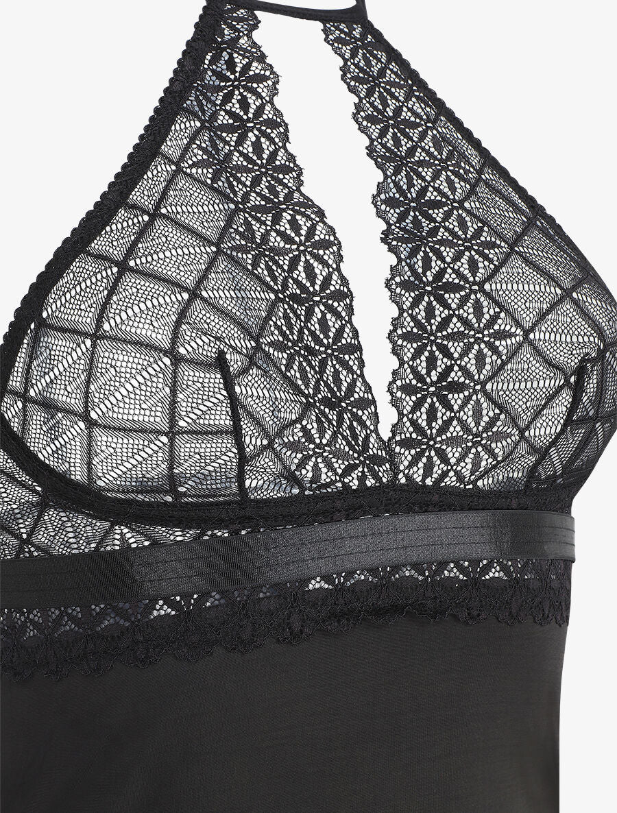 Robe nuisette à dos nu et haut en dentelle ajouré - Noir - 3