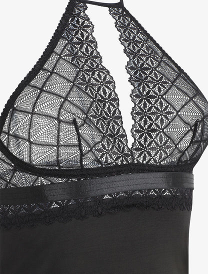 Robe nuisette à dos nu et haut en dentelle ajouré - Noir - 3