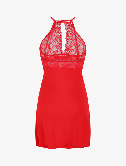 Robe nuisette à dos nu et haut en dentelle ajouré - Rouge - 3