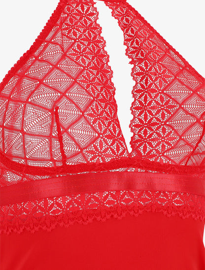 Robe nuisette à dos nu et haut en dentelle ajouré - Rouge - 4