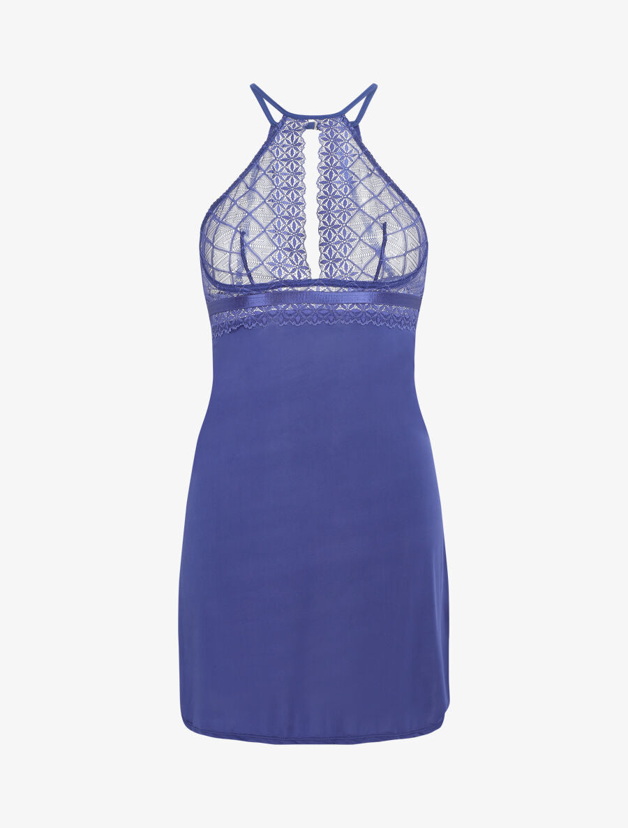 Robe nuisette à dos nu et haut en dentelle ajouré - Marine - 1