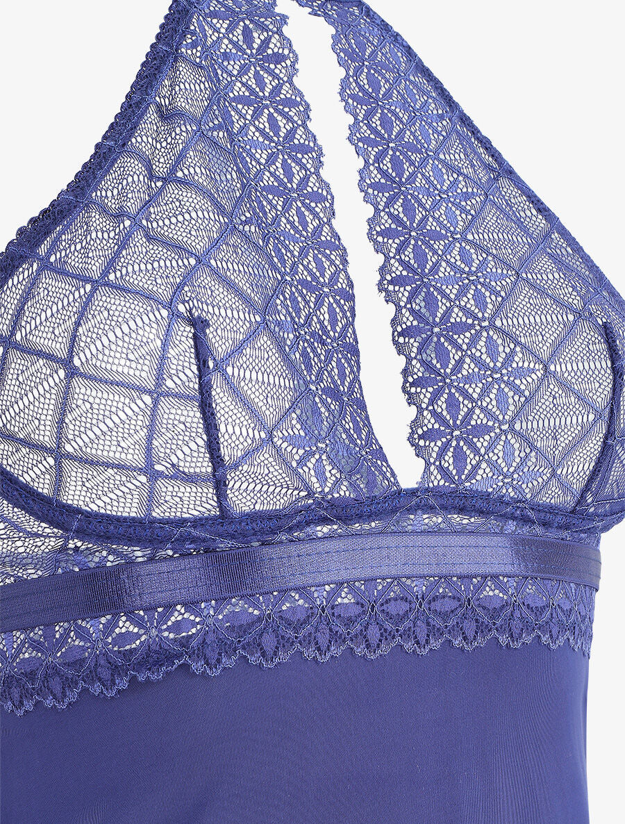 Robe nuisette à dos nu et haut en dentelle ajouré - Marine - 3