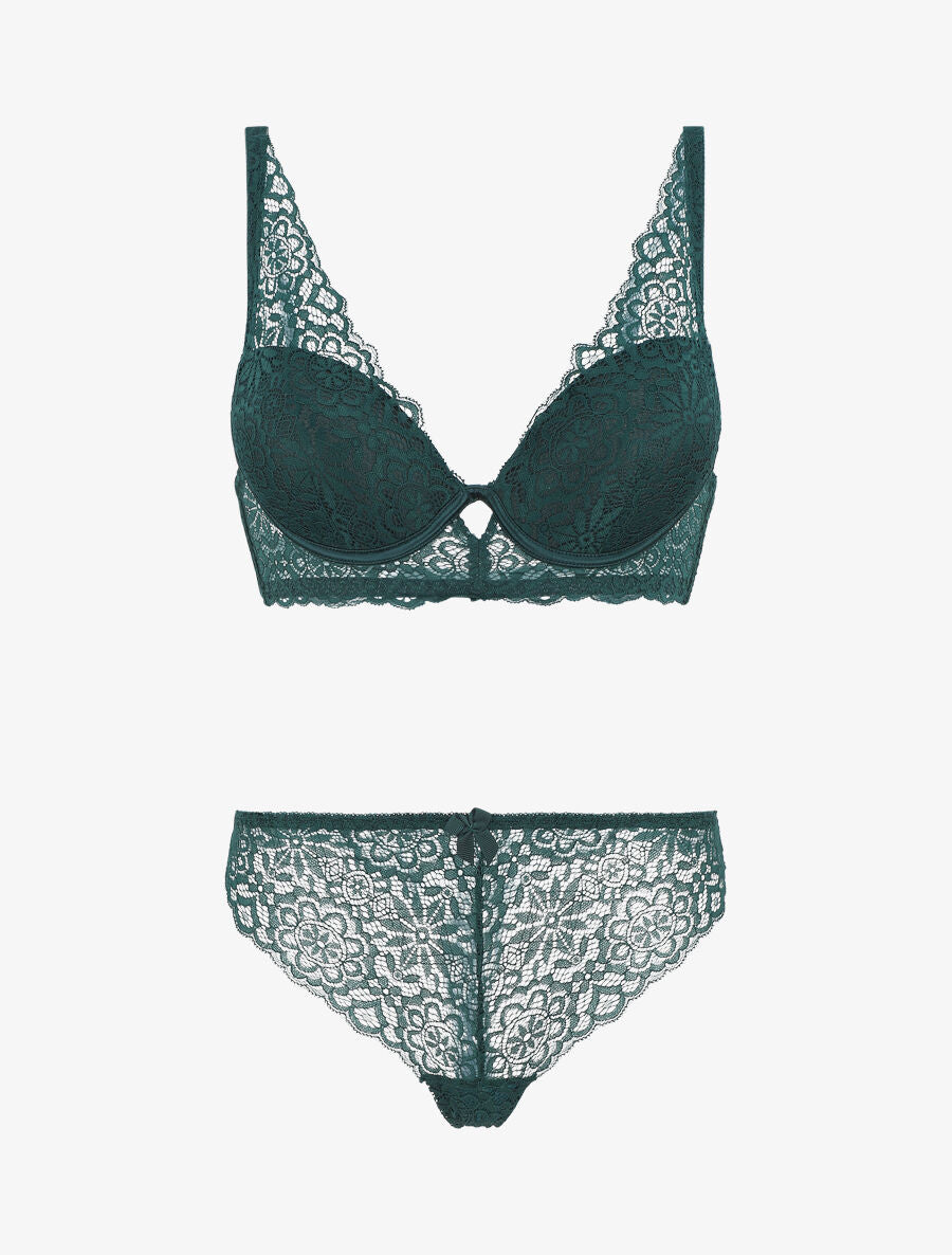 Ensemble push up bande en dentelle - Vert sapin - 2