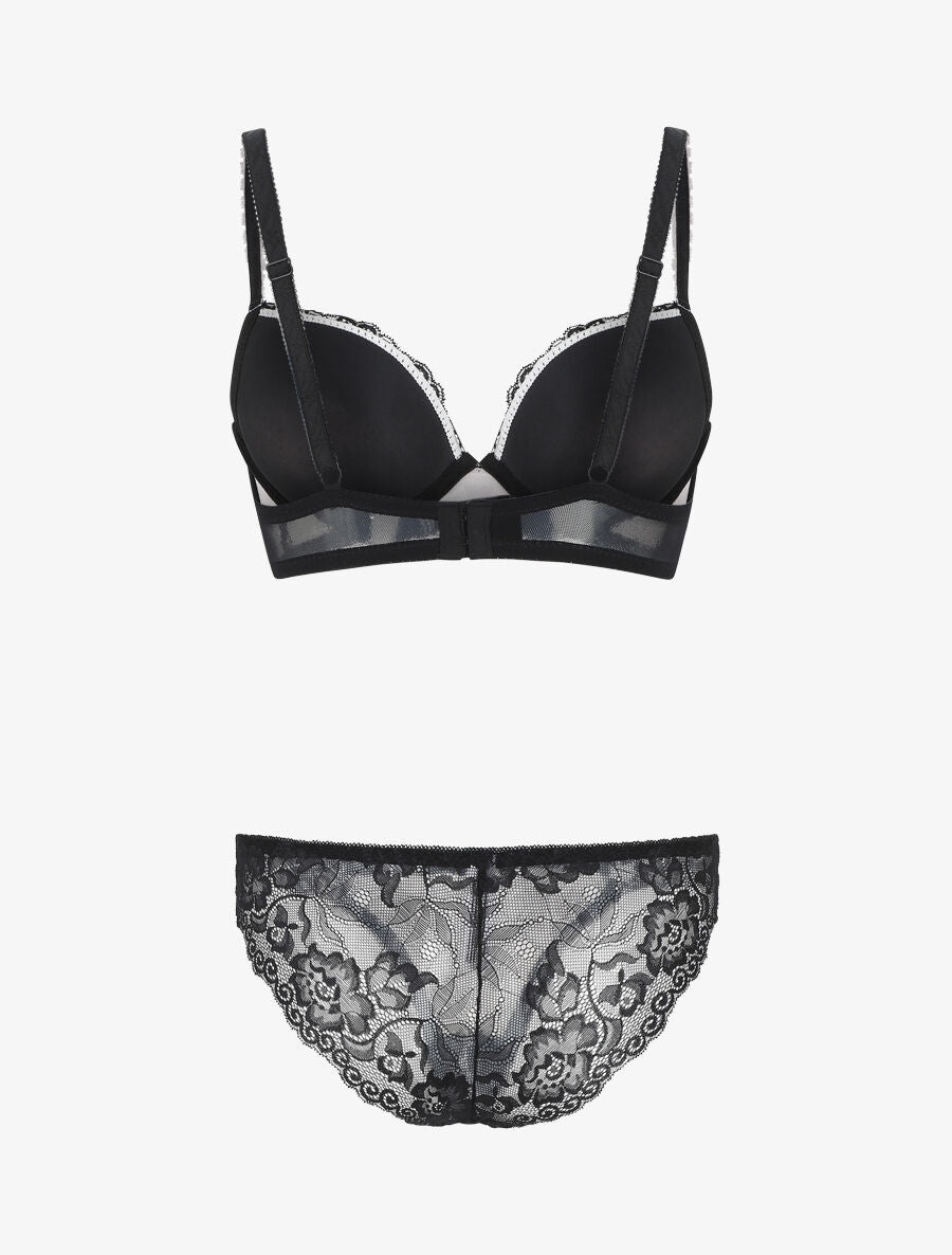 Ensemble push up en dentelle à motif fleuri - Noir - 3