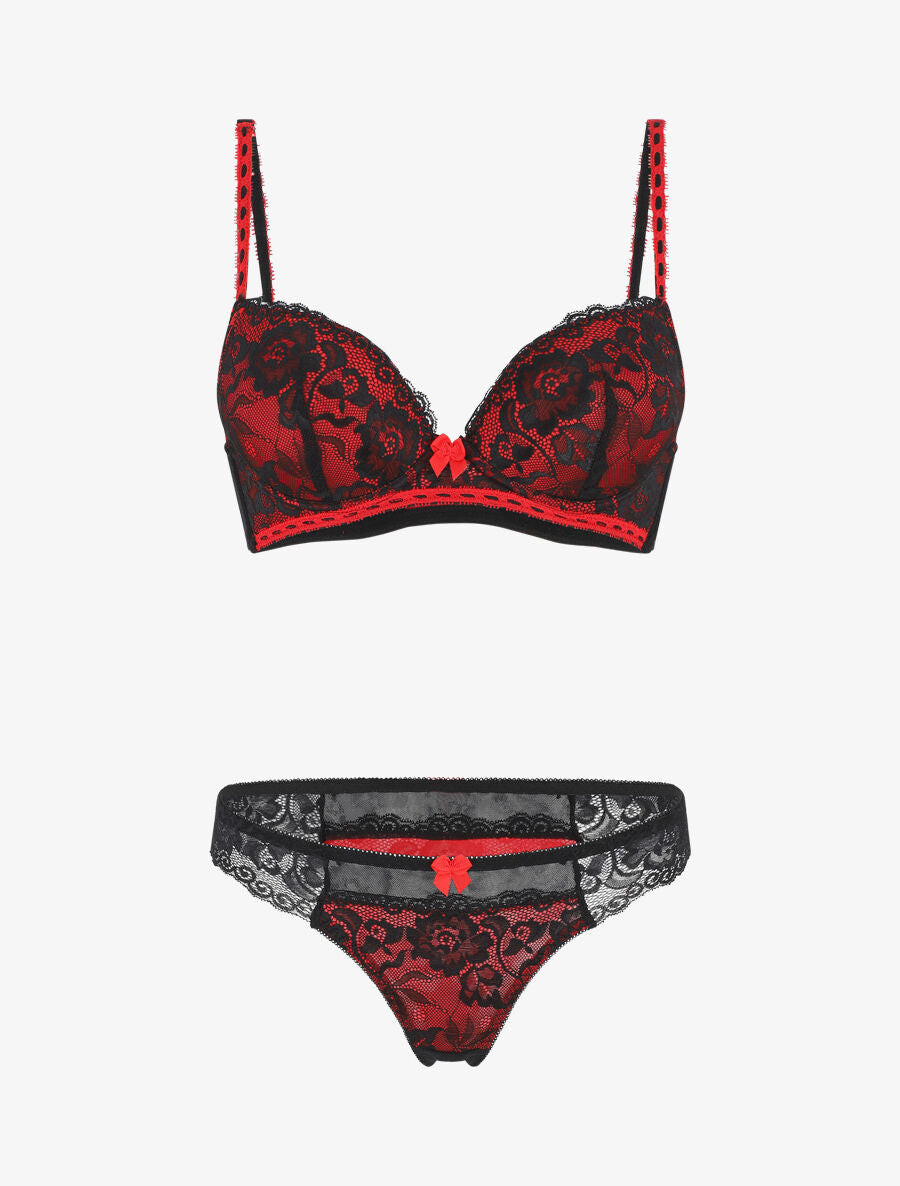 Ensemble push up en dentelle à motif floral - Noir/rouge - 2