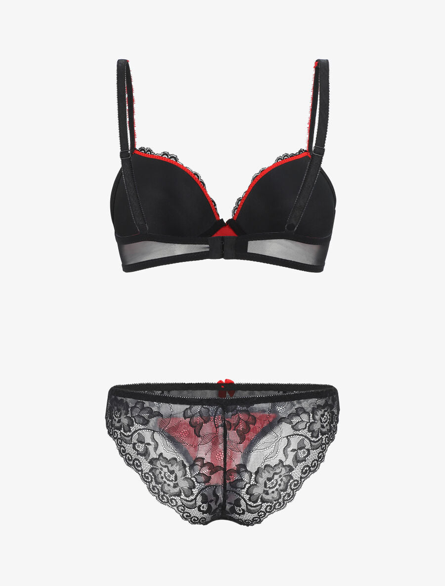 Ensemble push up en dentelle à motif floral - Noir/rouge - 3