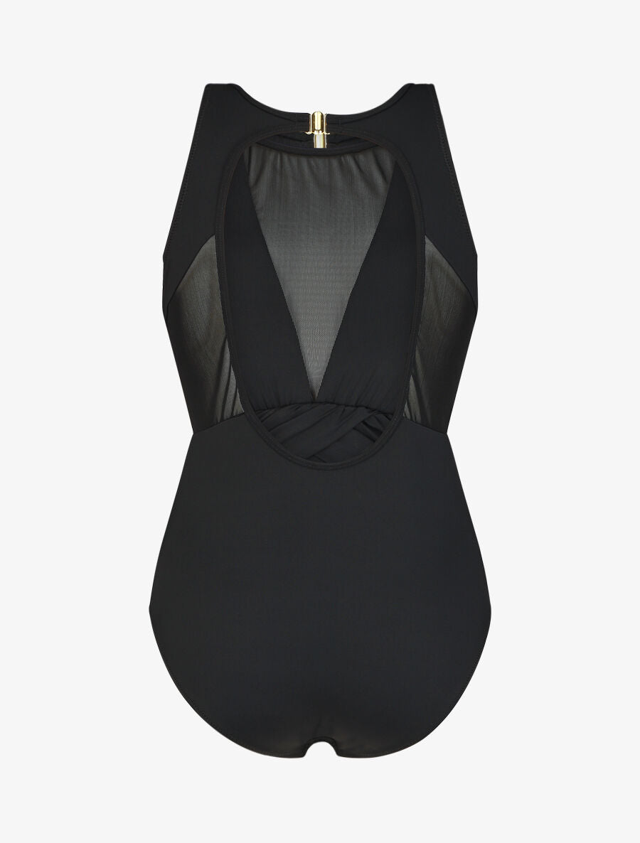 Maillot de bain une pièce à empiècements en résille - Noir - 4