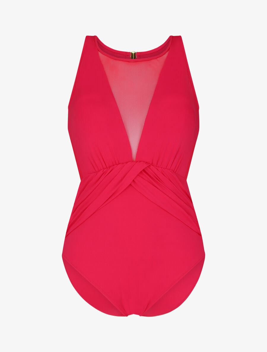 Maillot de bain une pièce à empiècements en résille - Rouge cerise - 1
