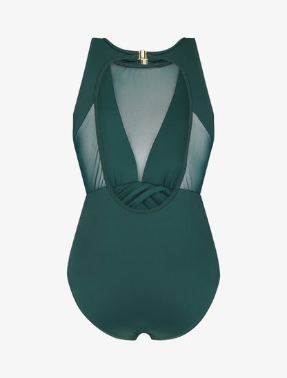 Maillot de bain une pièce à empiècements en résille - Vert sapin - 4