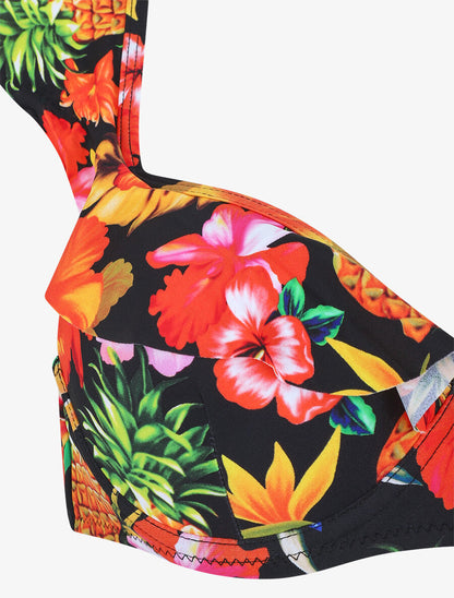 Bikini imprimé fleuri et volants - Noir - 3