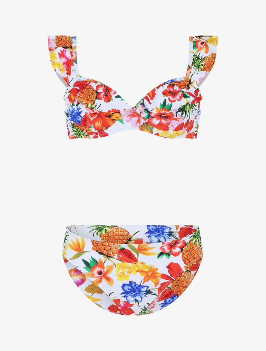 Bikini imprimé fleuri et volants - Blanc - 2