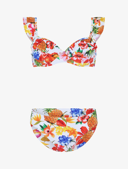 Bikini imprimé fleuri et volants - Blanc - 2