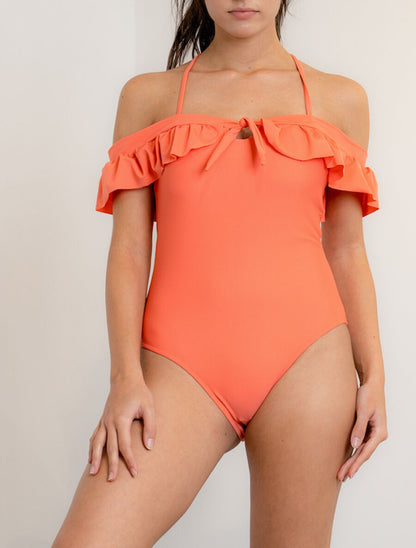 Maillot de bain 1 pièce à volants - Corail - 1